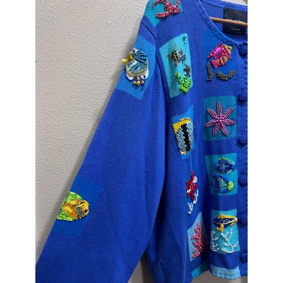 VTG Michael Simon y2k Ocean Aquarium Wearable Art Cardigan Sweater 2X Blue Fish - Picture 7 of 13